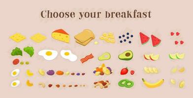 gesund Frühstück Essen Symbole Sammlung. Früchte und Beeren, Nüsse, Eier, Toast, Avocado, Sandwich. Vektor Illustration Satz.