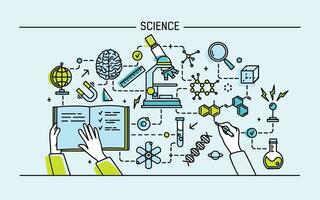 linje konst färgrik vektor illustration. vetenskap ord och teknologi begrepp. platt design baner för hemsida.