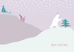 Winter Illustration mit Vorlage zum fröhlich Weihnachten und glücklich Neu Jahr Karten, Grüße, Banner oder Plakate. Elfen Reiten bergab auf ein Schlitten und Polar- Bär dekoriert ein Weihnachten Baum. Winter Landschaft vektor