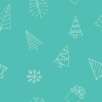 glad jul sömlös mönster. Lycklig ny år prydnad med jul träd och ritad för hand gåvor och en snöflinga på ljus blå bakgrund. för jul omslag och paket, hälsning kort vektor
