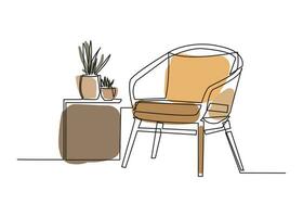 kontinuierlich einer Linie Zeichnung von Sessel und mit eingetopft Pflanzen. skandinavisch stilvoll Möbel im einfach linear Stil. Vektor Illustration