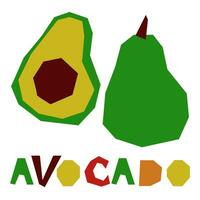 Grün Avocado ganze und im Abschnitt, ist hervorgehoben auf ein Weiß Hintergrund. das Original Unterschrift ist Avocado. saftig Sommer- Früchte zum organisch Essen Verpackung. geometrisch stilisiert eben Vektor Illustration