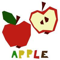 ein rot Apfel, ganze und im Abschnitt, ist hervorgehoben auf ein Weiß Hintergrund. das Original Unterschrift ist ein Apfel. saftig Sommer- Früchte zum organisch Essen Verpackung. geometrisch stilisiert eben Vektor Illustration