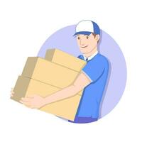 lächelnd Lieferung Mann im Blau Uniform halten ein Paket Box . eben Vektor Illustration.