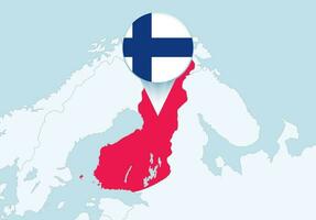 Europa med vald finland Karta och finland flagga ikon. vektor