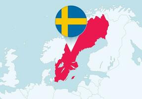 Europa med vald Sverige Karta och Sverige flagga ikon. vektor