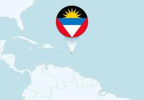 Amerika mit ausgewählt Antigua und Barbuda Karte und Antigua und Barbuda Flagge Symbol. vektor
