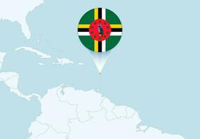 Amerika mit ausgewählt Dominica Karte und Dominica Flagge Symbol. vektor