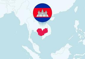 Asien mit ausgewählt Kambodscha Karte und Kambodscha Flagge Symbol. vektor