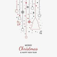 glad jul och en Lycklig ny år. jul kort med hängande leksaker i redigerbar stroke. vektor
