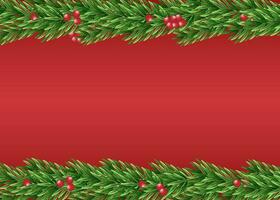 bakgrund med gräns av realistisk ser jul träd grenar dekorerad med bär och jul träd grenar. jul baner. vektor