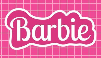 augusti 2023. barbie docka. barbie inskrift på en rosa bakgrund med rutnät. redaktionell. klistermärke. vektor