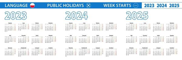 enkel kalender mall i putsa för 2023, 2024, 2025 år. vecka börjar från måndag. vektor