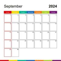 September 2024 bunt Mauer Kalender, Woche beginnt auf Sonntag. vektor