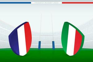 Spiel zwischen Frankreich und Italien, Illustration von Rugby Flagge Symbol auf Rugby Stadion. vektor