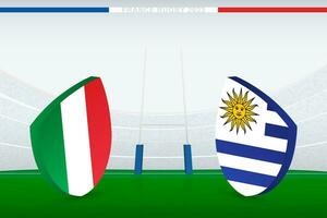 Spiel zwischen Italien und Uruguay, Illustration von Rugby Flagge Symbol auf Rugby Stadion. vektor