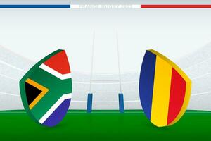 Spiel zwischen Süd Afrika und Rumänien, Illustration von Rugby Flagge Symbol auf Rugby Stadion. vektor