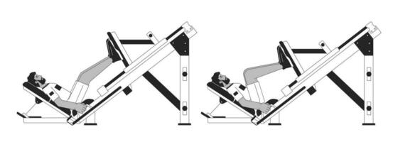 muskel byggnad med ben Tryck maskin bw vektor fläck illustration. atletisk manlig 2d tecknad serie platt linje enfärgad karaktär för webb ui design. arbete ut klass redigerbar isolerat översikt hjälte bild