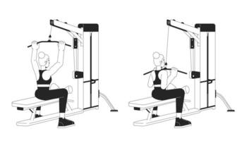 Arbeiten aus auf lat Pulldown Maschine bw Vektor Stelle Illustration. weiblich 2d Karikatur eben Linie monochromatisch Charakter zum Netz ui Design. Oberkörper Stärke trainieren editierbar isoliert Gliederung Held Bild