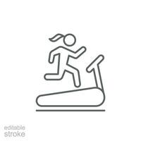 kvinna löpning på löpband ikon. enkel översikt stil. springa, kvinna, Gym Utrustning, kondition, övning maskin, sport begrepp. tunn linje symbol. vektor isolerat på vit bakgrund. redigerbar stroke svg.