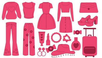 trendig uppsättning, rosa estetisk Tillbehör och Kläder vektor