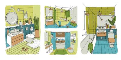Hand gezeichnet modern Badezimmer und Toilette Innere Design Sammlung. bunt Vektor skizzieren Abbildungen Satz.