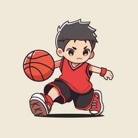 söt pojke spelar basketboll. tecknad serie vektor illustration av en pojke spelar basketboll