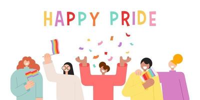 glückliches stolzkonzept mit glücklichem menschencharakter. LGBTQ-Leute, die glücklichen Stolzmonat feiern. Vektor-Illustration. vektor