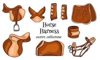 Pferdegeschirr eine Reihe von Reitausrüstung Sattel Zaumdecke Schutzstiefel im Cartoon-Stil vektor