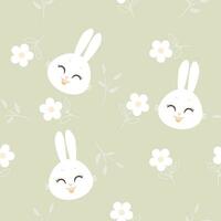 sömlös mönster med söt kanin tecknad serie blommor och grenar på grön bakgrund illustration. vektor