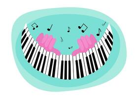 händer och musik. värld piano dag. dag av musik. nycklar av de piano, musikalisk instrument. spela de piano. musikalisk prestanda, anteckningar och tecken. vektor illustration.