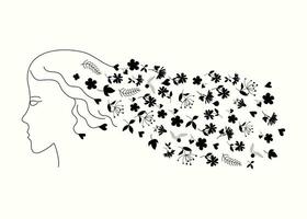 ein Mädchen mit lange Haar mit Blumen. Silhouette von ein Frau. einfarbig Vektor Illustration isoliert auf Weiß Hintergrund.