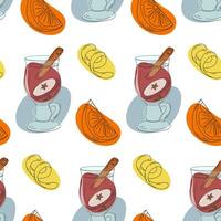 sömlös mönster av funderade vin med kanel pinne och äpple skiva, orange och citron- krydda. isolera vektor