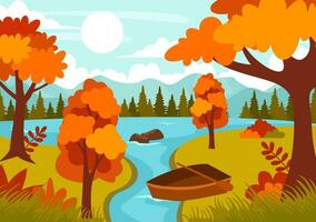 Herbst Landschaft Hintergrund Vektor Illustration mit Berge, Felder, Bäume und fallen Blätter im eben Karikatur natürlich Jahreszeit Panorama Vorlagen