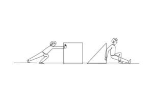 einer kontinuierlich Linie Zeichnung von Konzept von co Arbeiten, Geschäft Partnerschaft, Analytik oder Zusammenarbeit. Kollegen Arbeit zusammen mit geometrisch Formen. Gekritzel Vektor Illustration im einfach linear Stil.