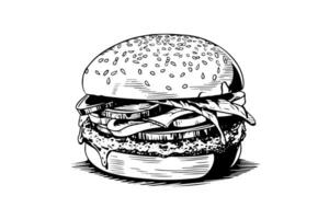 Burger Gravur Stil Kunst. Hand gezeichnet Vektor Illustration von Hamburger.