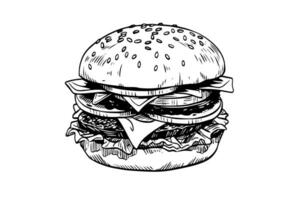 Burger Gravur Stil Kunst. Hand gezeichnet Vektor Illustration von Hamburger.