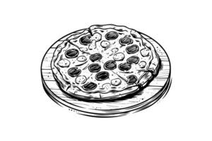 skivad pizza skiss hand dragen gravyr stil vektor illustration.