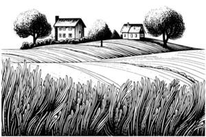 ländlich Landschaft mit ein Bauernhof im Gravur Stil. Hand gezeichnet Vektor Illustration