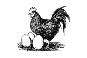 Artbord Vorlagehuhn oder Henne ist Schraffur Eier gezeichnet im Jahrgang Gravur Stil Vektor Illustration