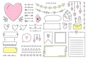 söt bullet journal element doodles med hjärtan, kärlek tema. handritade banners och märken för anteckningsbok, planerare eller dagbok. ramar, gränser, vinjetter, avdelare, anteckningar, listor samling. vektor illustration