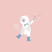 süß und schön Weiß Katze mit Party Popper, Kracher und Konfetti, glücklich Valentinstag Tag, Liebe Konzept, eben Vektor Illustration Karikatur Charakter Kostüm Design