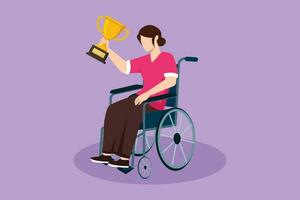 grafisk platt design teckning Lycklig skön kvinna i rullstol innehav gyllene kopp trofén vinnare podium. sport spel konkurrens, Träning, utmaning, företag mål. tecknad serie stil vektor illustration