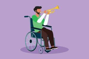 karaktär platt teckning attraktiv arab man i rullstol spelar trumpet under musik lektion. fysiskt Inaktiverad. person i sjukhus. rehabilitering Centrum patient. tecknad serie design vektor illustration