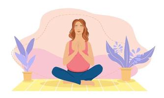 schwangere frau, die zu hause meditiert. Konzeptillustration für pränatales Yoga, Meditation, Entspannung, Erholung, gesunden Lebensstil. Illustration im flachen Cartoon-Stil. vektor