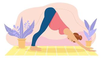 gravid kvinna som mediterar hemma. konceptillustration för prenatal yoga, meditation, koppla av, rekreation, hälsosam livsstil. illustration i platt tecknad stil. vektor