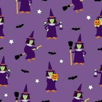 nahtlos Muster mit süß Hexen im Hüte, auf ein Besenstiel, Fledermäuse, Kürbisse. drucken zum Halloween. Vektor Grafik.