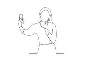 einer kontinuierlich Linie Zeichnung von ein Frau Herstellung ein Video Anruf auf ihr Zelle Telefon Vorderseite Aussicht vektor