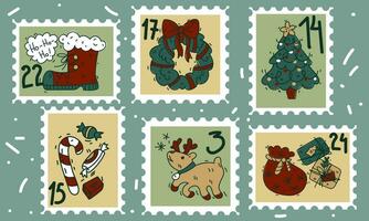 en uppsättning av söt ritad för hand porto frimärken med jul och ny år attribut, en santa claus känga, en jul krans, sötsaker, gåvor och tal. modern vektor illustrationer i tecknad serie stil