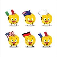 nance frukt tecknad serie karaktär föra de flaggor av olika länder vektor
